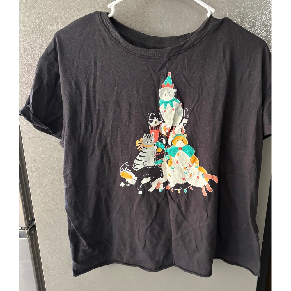 Fifth Sun Womens Christmas Cat Tree Graphic Tee Black Short Sleeve XL Holiday